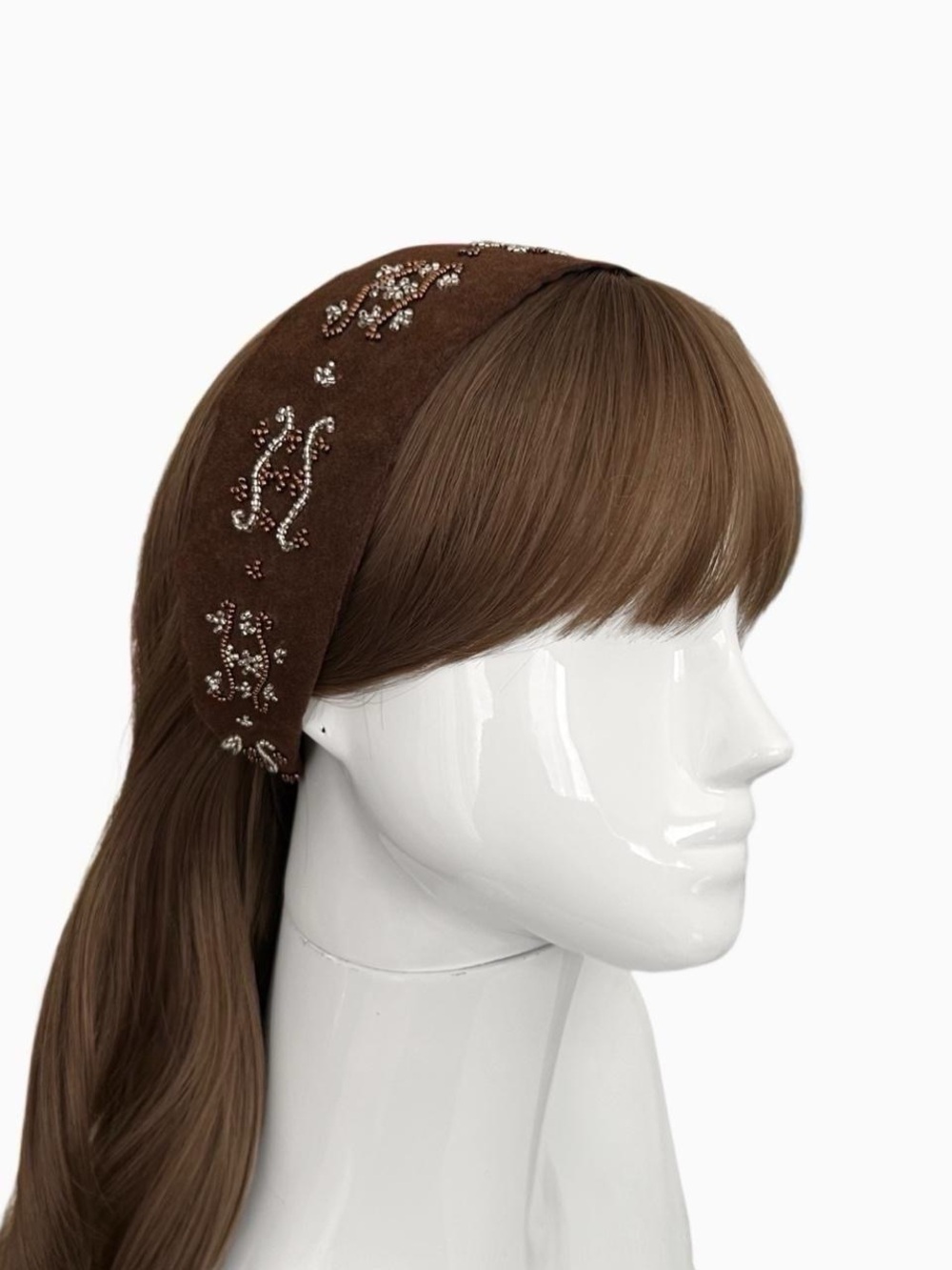 Beaded Embellished Brown Faux Suede Headband Lined With Satin